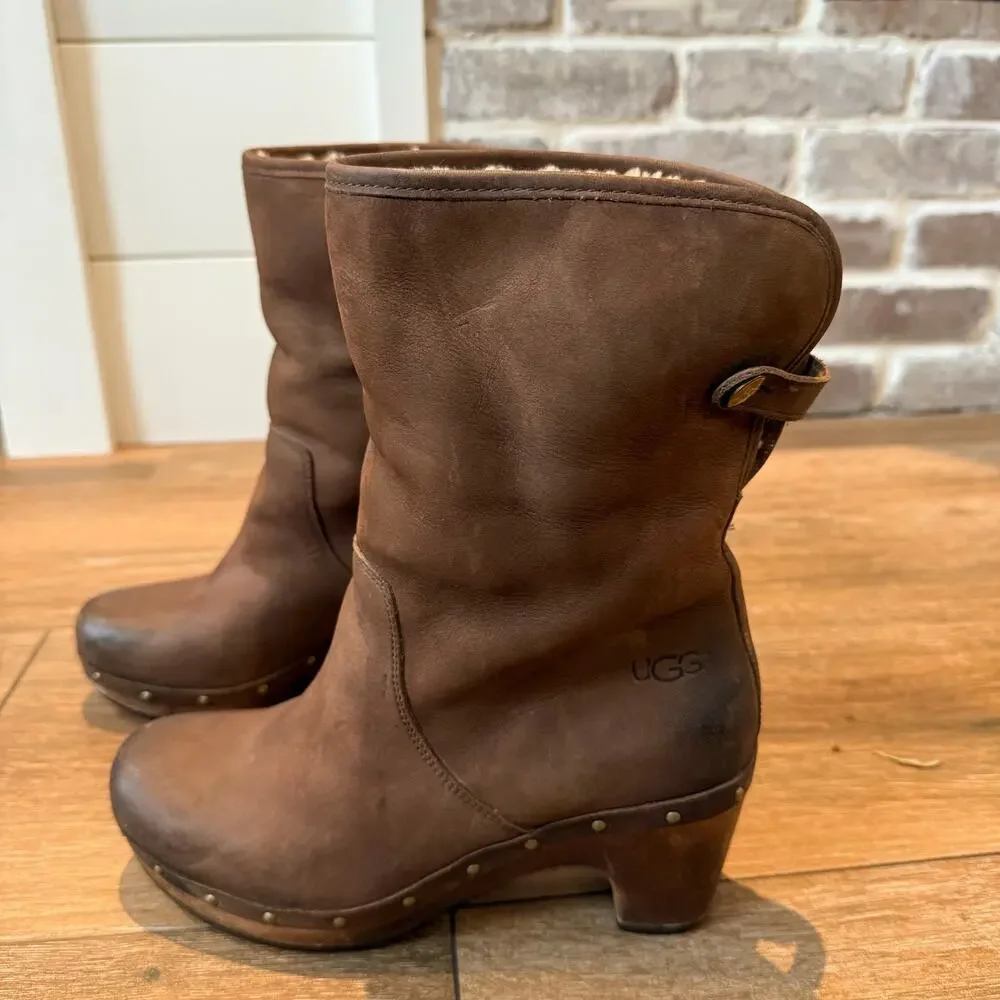 UGG Australia Lynnea Boots Women Size 7 3207 Brown Leather Pull On Studded